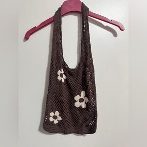 Vintage Brown Crochet Flower Tote Bag